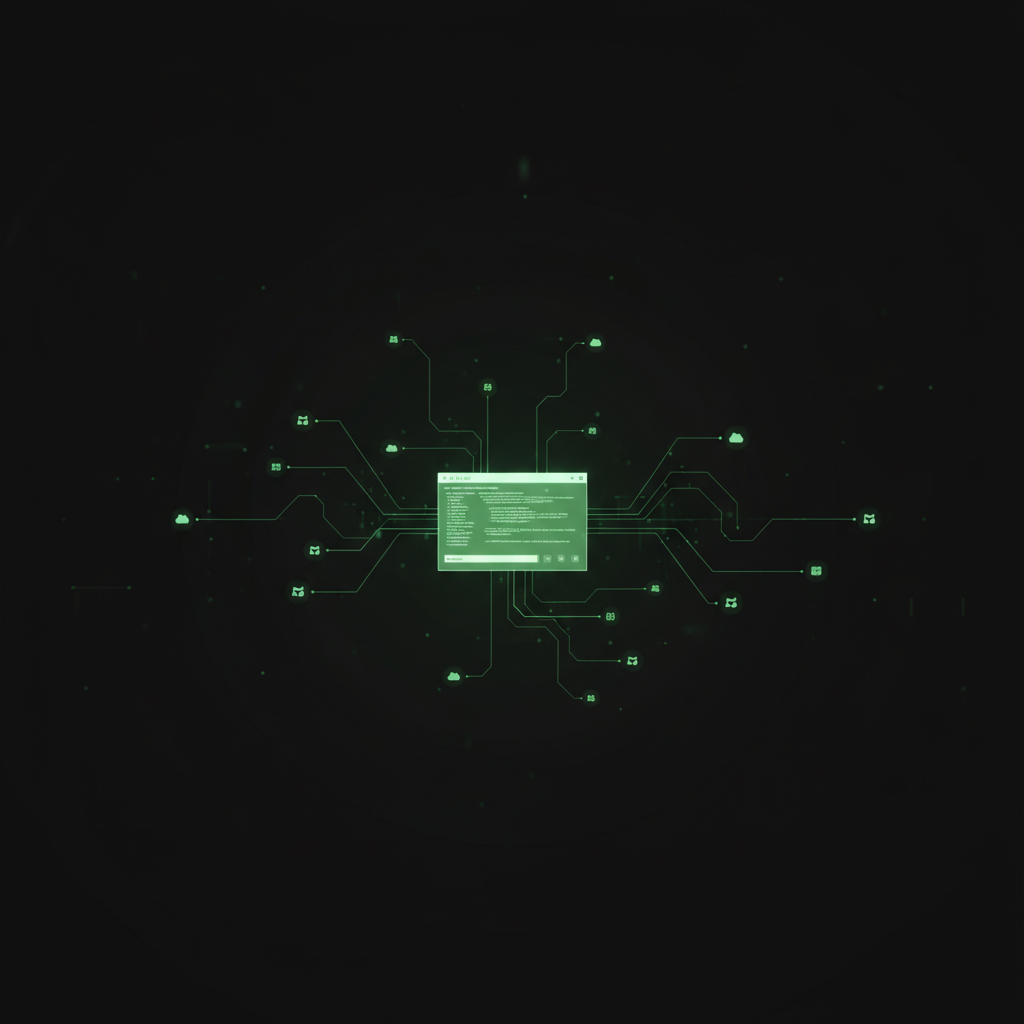 Dark terminal with green infrastructure connection lines radiating outward